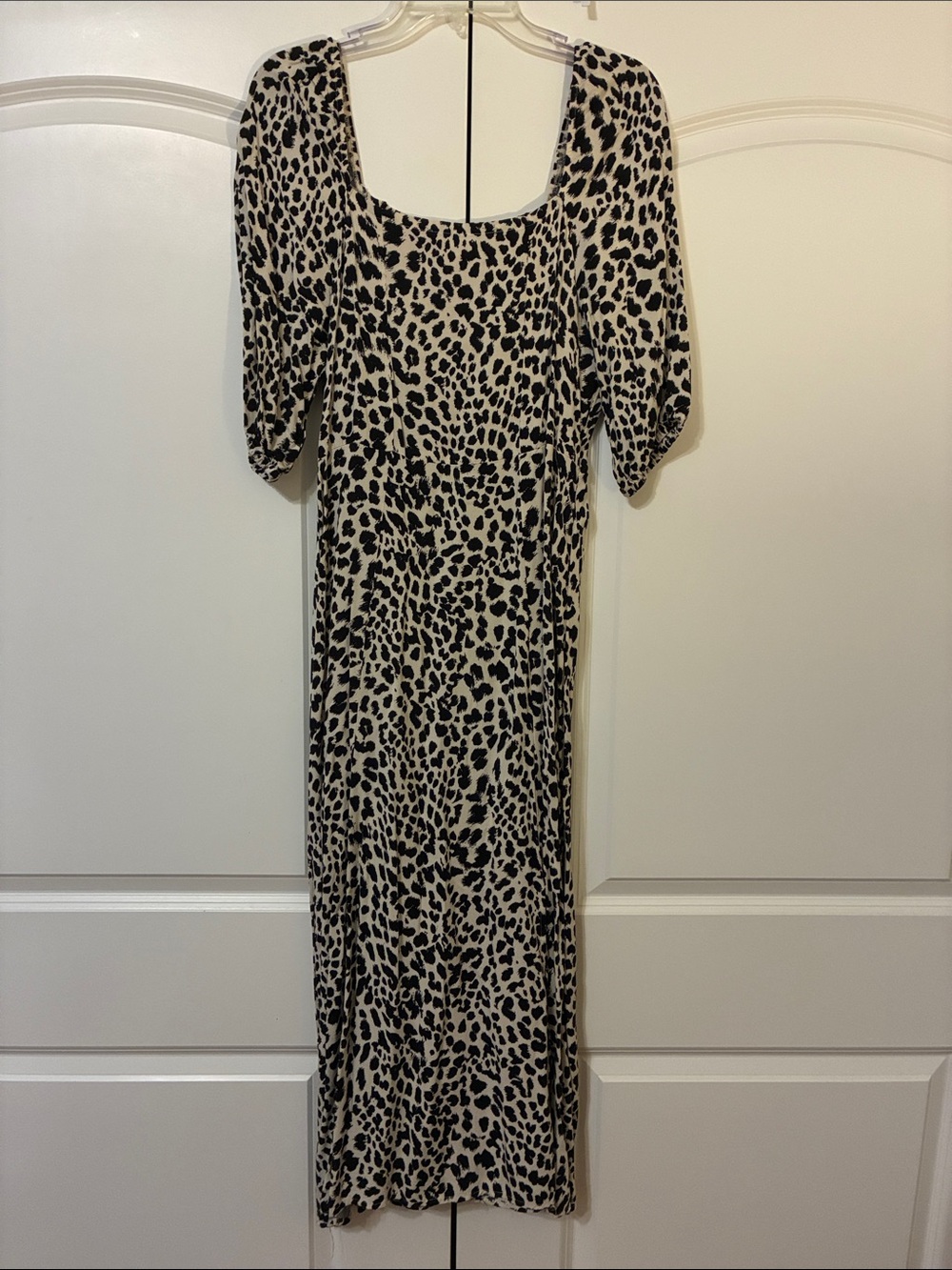 Square Neck Leopard-Print Midi Dress in Black and Cream